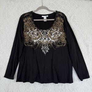 Vtg Y2K Long Sleeve Top XXL Black Sequin Bling Affliction Style Grunge Punk Emo